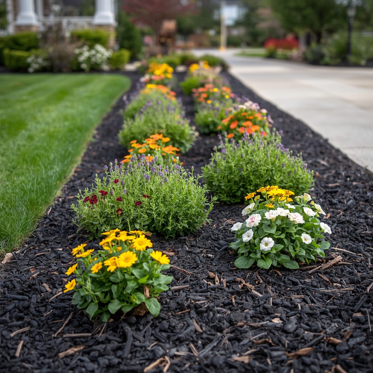 Flowerbed with dark mulch and colorful flowers