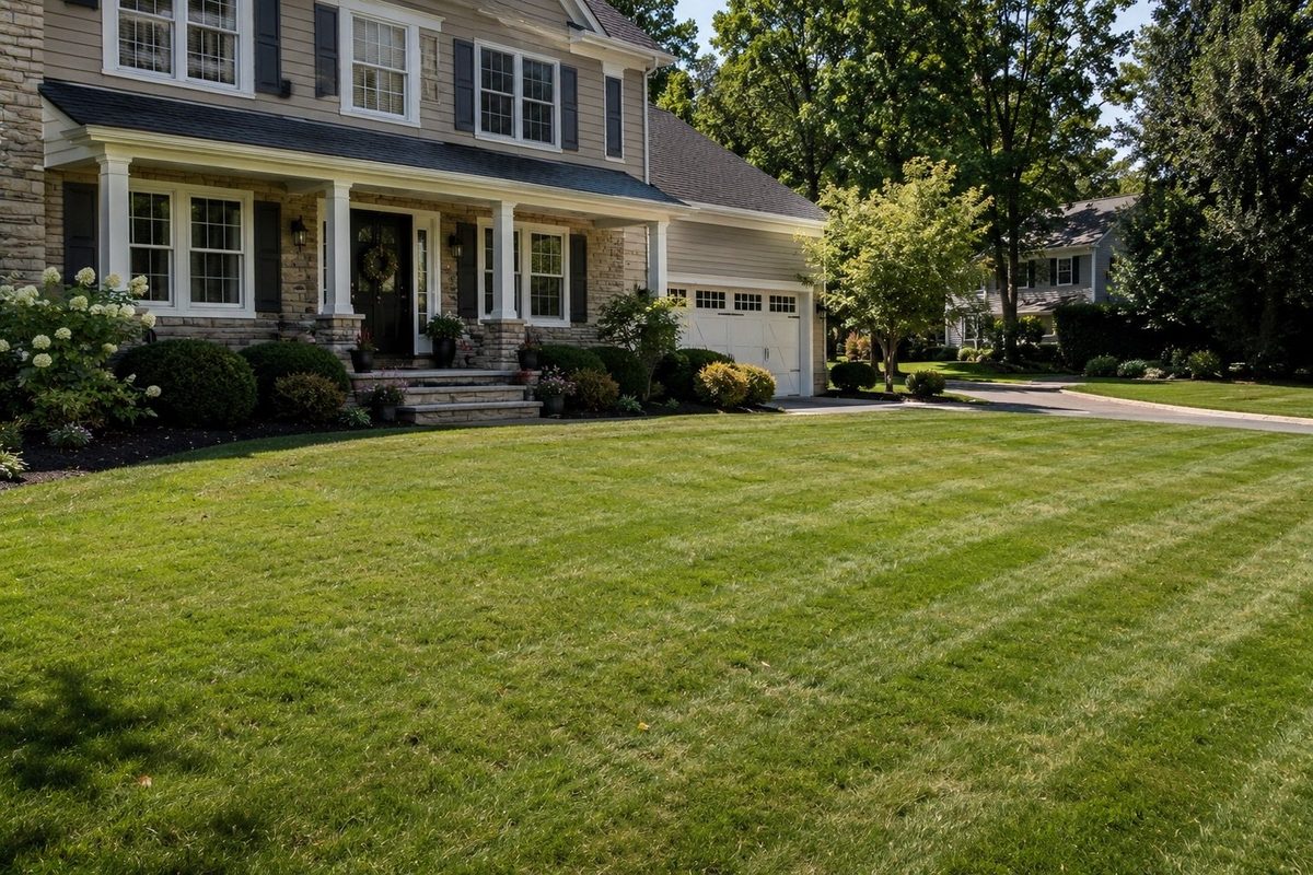 Lawn care worker mowing suburban yard