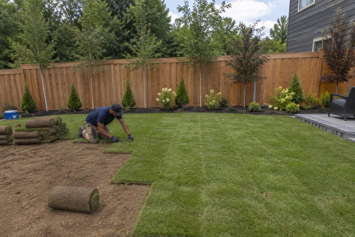 Fresh green sod being laid in backyard